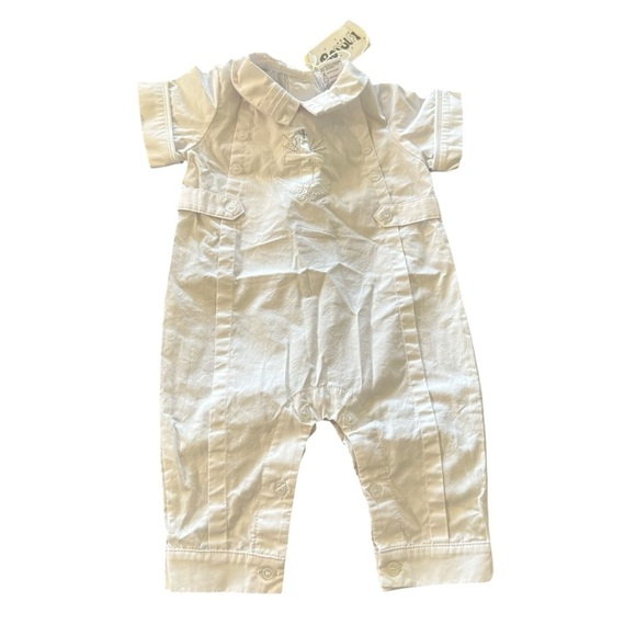 White Textured Baptism Jumpsuit with Short Sleeves - Picture 1 of 5